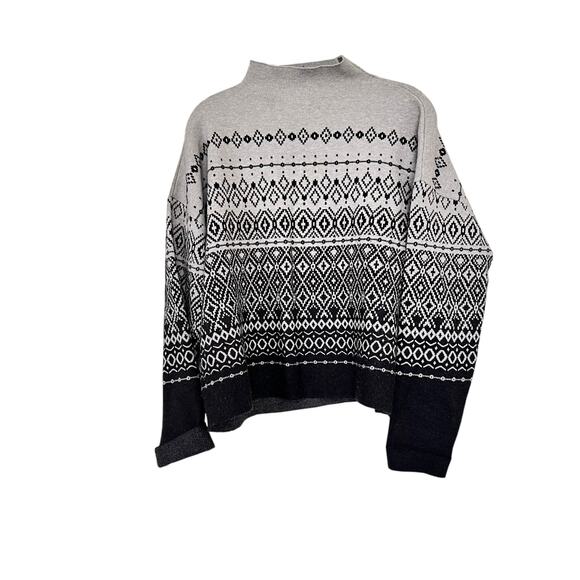 Joie Gray Black Mock Turtleneck Fair Isle Geometric Knit Pullover Sweater Sz XL - Picture 2 of 8